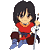Pixel art character with black hair, red shirt, brown arm guards, blue pants holding a striped staff in three of showing expression changes