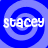 Blue and purple spiral background with white text 'stacey' in pixelated font across three