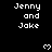 Black background with white pixelated text 'Jenny and Jake' repeated in a pattern and small white heart symbols scattered throughout