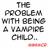 Pixelated cartoon vampire child with bat wings, yellow face, black hair, and Batman logo on chest; text reads "THE PROBLEM WITH BEING A VAMPIRE CHILD...".