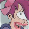 Pixelated cartoon character with purple hair and a pink bow, mouth open showing teeth, wide eye with black pupil, light skin, blue clothing visible at bottom left.