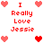 Pixel art displays red text "I Really Love Jessie" surrounded by pink and red heart icons in a with animated color changes