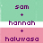 Pixelated text in purple on colored backgrounds arranged in a with plus signs between names and a dashed line separating sections