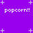 Purple background with white pixelated text 'popcorn!!' repeated four times and scattered light purple plus signs.