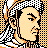 Pixelated 48x48 AIM buddy icon featuring a stylized character face with orange, black, and white color scheme on checkered background.