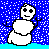Pixel art contact sheet of six snowman frames with blue snowy background and green text box showing 'Merry X-mas' in red.