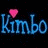 Two identical blue 'Kimbo Kimbo' text icons with heart symbols above each word, one pink and green, the other orange and cyan.