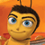 Pixelated cartoon character with yellow skin, blue eyes, dark hair, and antennae against an orange background.