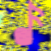 Animated sequence of a pink musical note with blue accents against a yellow and blue patterned background, showing color changes in the note's body.