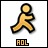 A pixelated orange stick figure running left to right with changing text below it, transitioning from 'AOL' to 'SUCKS' and other variations.