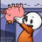 Pixelated character in orange outfit holds pink pig-like creature against blue background with yellow text on pink and gray