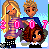 Pixelated image of three figures: a blonde woman in purple top and black-and-white checkered pants, a boy with spiky hair in blue jacket, and a brown-haired girl in white shirt.