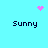 Pixel art icon with cyan background showing four 'Sunny' text blocks and pink pixel symbols in heart, starburst, and dot cluster forms.