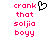 Pixelated text in bright pink reads 'crank that soljia boyy' with a black heart outline icon above the first line on white background.
