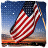 Animated American flag waving against a blue sky with scattered white dots and orange horizon line.