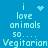 Blue background with light blue text reading "i love animals so... Vegetarian" and two animated symbols changing between a heart and sparkles.