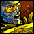 Pixelated character with metallic face, blue and yellow accents, and fiery background elements.