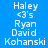 Blue background with white text listing names and '<3's in a , where some have purple backgrounds