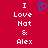 Red background with white pixelated text reading "I Love Not & Alex" and a blue heart outline above the left side of the text.
