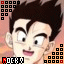 Pixelated cartoon character with dark spiky hair and wide eyes, displayed in a with changing facial expressions and text labels