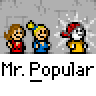 Animated contact sheet of pixel art characters with repeated text labels, showing frame-by-frame motion across three rows on a gray background.