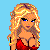 Pixelated cartoon woman with blonde hair and red top, blue background with text fragments.