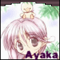 Anime-style character with light purple hair and large brown eyes, a small yellow duck on head, green leaves in background, 'Ayaka' text below.