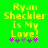Yellow pixelated text on green background reads "Ryan Sheckler Is My Love!" with five small flowers below, four purple and one gray.