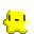 Two yellow pixelated characters with dark green eyes and black mouths, one standing upright on a gray background.