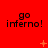 Red background with repeated 'go inferno!' text in black pixelated font, scattered orange plus and star symbols.