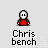 Pixel art character in red shirt with white skull face, multiple poses shown below text 'Chris bench' on light gray background.