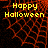 Yellow 'Happy Halloween' text on a black background with red web-like patterns, transitioning to a gray