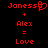 Red pixelated text on black background shows 'Janesse' with a heart symbol, plus 'Alex', equals 'Love'.