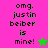 Pixelated text reads "omg. justin beiber is mine!" with a star symbol, displayed on split background colors.