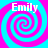 Four identical spiral patterns in cyan and magenta with the word "Emily" overlaid on each, arranged in a