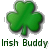Green four-leaf clover icon with pixelated edges on gray background, below which green text reads 'Irish Buddy' in blocky font.