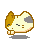 Pixelated cat head with brown, white, and gray patches; closed eyes; small paws visible; shadow beneath; six variations of pose on gray background.