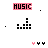Pixelated 'MUSIC' text in colored backgrounds with animated audio waveforms and small symbols changing across frames.