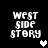 Four identical pixelated 'west side story' text blocks arranged in a with heart symbols changing from white to gray across observations