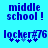 Blue pixelated text on cyan background: 'middle school!' above 'locker#76' with small plus symbols beneath the number.