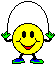 Yellow pixelated smiley face with black eyes and red mouth holding a white jump rope, wearing blue shoes with green soles.