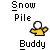 Pixelated character in yellow shirt and white head appears with snow pile, speech bubble, multiple characters, and climbing actions across static frames.