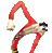 Pixelated figure in red and white costume with black mask, arms raised high in dynamic pose against gray background.