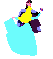 Pixelated animation of two figures dancing in a of , showing sequential poses with flowing blue and purple garments against a gray background