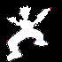 Four white pixelated figures in dynamic poses against black background, each with red-tipped projectiles and purple accents on limbs.