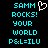 Pixelated cyan text on black background with a white heart symbol, displaying 'SAMM ROCKS! YOUR WORLD P&L=ILU' in two identical side-by-side
