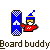 Pixel art icon of a character in red shirt and blue hat holding a blue shield with white checkered and cloud patterns, below text reading 'Board buddy' on gray background.