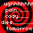 Red and black spiral background with white text reading 'ughhhhhh', 'pain...', 'cody...', 'dies...', 'tomorrow' in four identical quadrants.