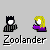 Pixelated buddy with two figures and speech bubbles containing text phrases over a gray background