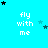 Pixelated cyan background with white text 'fly with me' repeated in a , surrounded by small black and teal stars